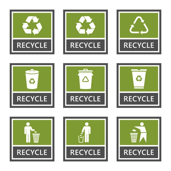 Recycle tekenen en recycling iconen set, symbool van de prullenmand — Stockvector