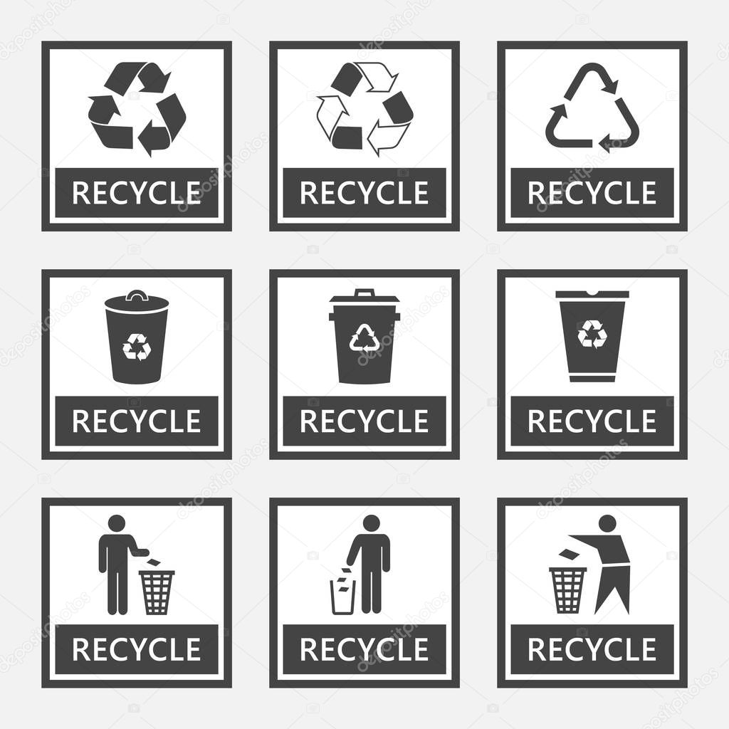 recycle icons and recycling signs set, trash symbol