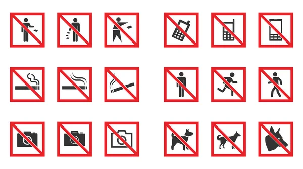 Verbotsschilder aufgestellt - kein Rauch, keine Hunde, kein Telefon usw. — Stockvektor