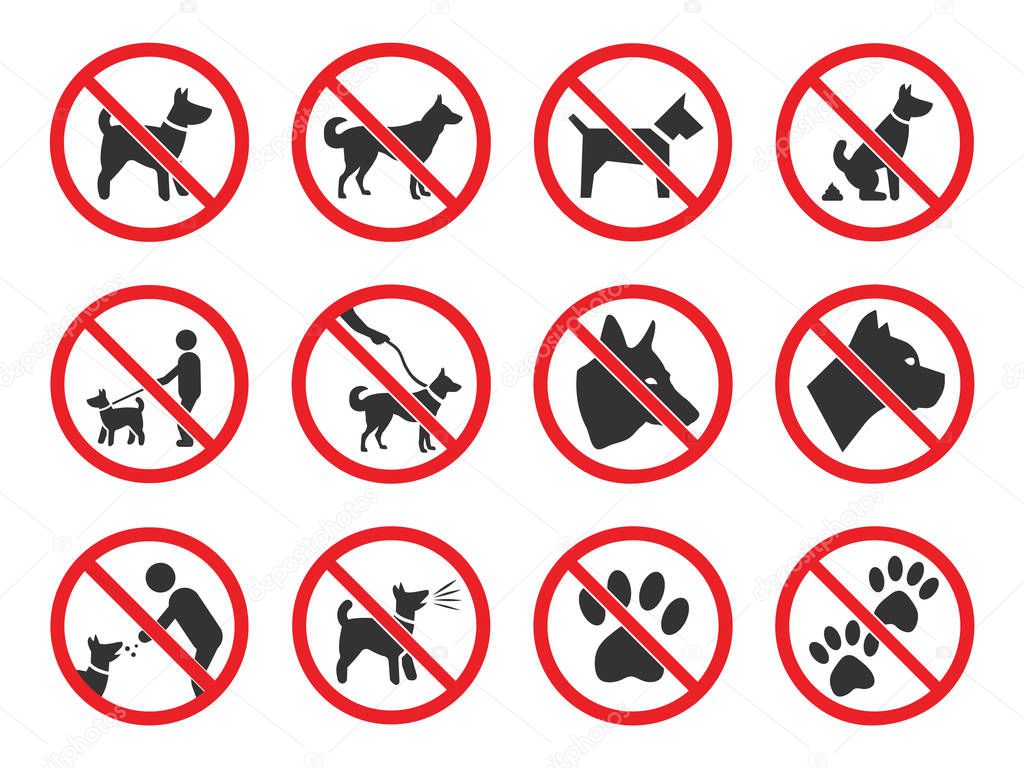 No dogs sign, dog prohibition icons set