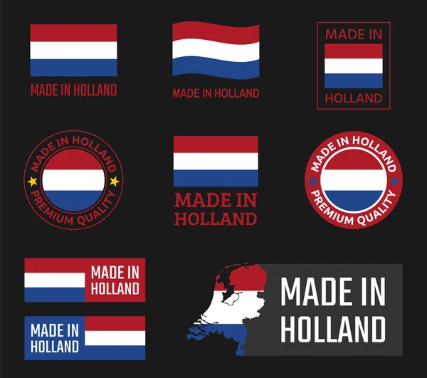 Fabricado na Holanda rótulos conjunto, emblema do produto Holland —  Vetores de Stock