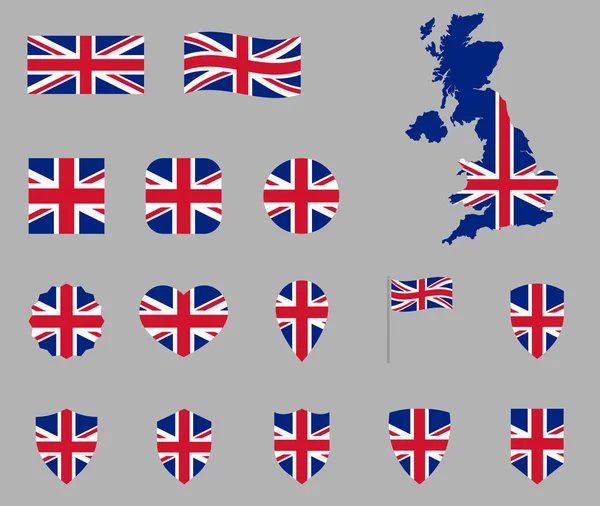 Zestaw ikon bandery brytyjskiej, Ikony bandery brytyjskiej, flaga Wielkiej Brytanii - Union Jack — Wektor stockowy