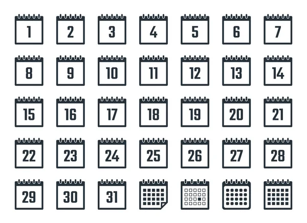 Calendar icons with dates from 1 to 31, vector illustration — Stock Vector