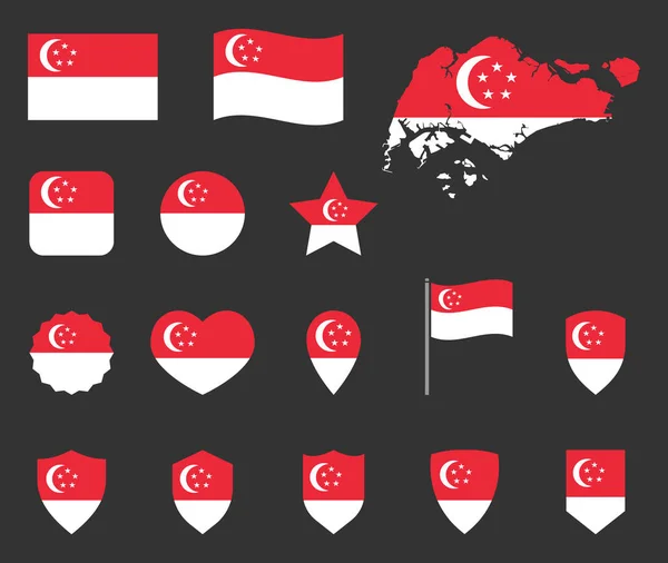 Set ikon bendera Singapura, simbol bendera Republik Singapura - Stok Vektor