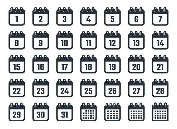 Icônes de calendrier avec dates de 1 à 31, illustration vectorielle — Image vectorielle