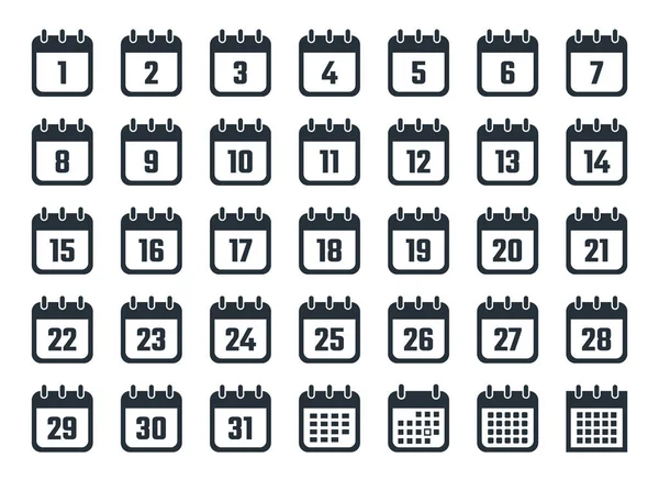 Calendar icons set with dates from 1 to 31 — Stock Vector