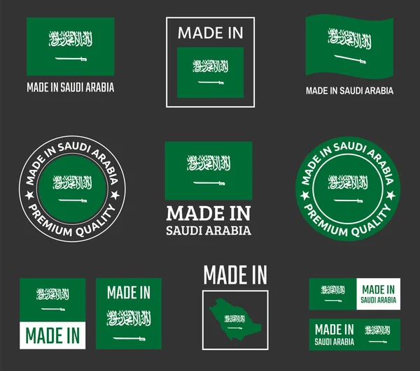 Suudi Arabistan 'ın ürün ambleminde üretilen, Suudi Arabistan Krallığı etiketleri. — Stok Vektör