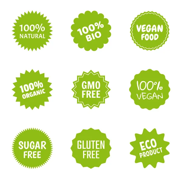 Healthy food icon set, natural product labels, organic tags for vegans — Stock Vector