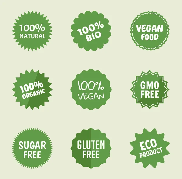 Organic product icons, natural food labels, healthy tags for vegans — Stock Vector