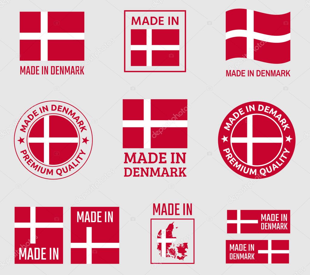 Made in Denmark labels set, made in Kingdom of Denmark product emblem