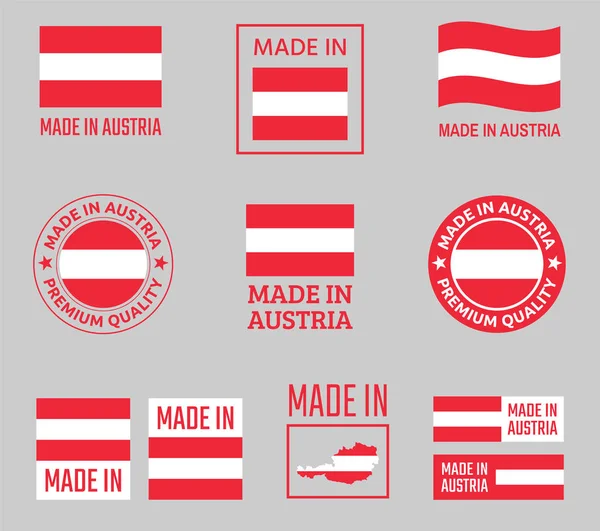 Ensemble d'étiquettes fabriqué en Autriche, emblème de produit de la République d'Autriche — Image vectorielle