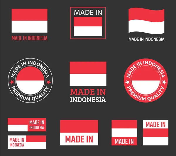 Hecho en Indonesia icono conjunto, etiquetas de productos de la República de Indonesia — Vector de stock