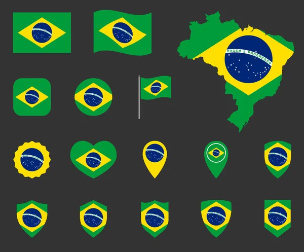 Set ikon bendera Brazil, simbol bendera Republik Federatif Brasil - Stok Vektor