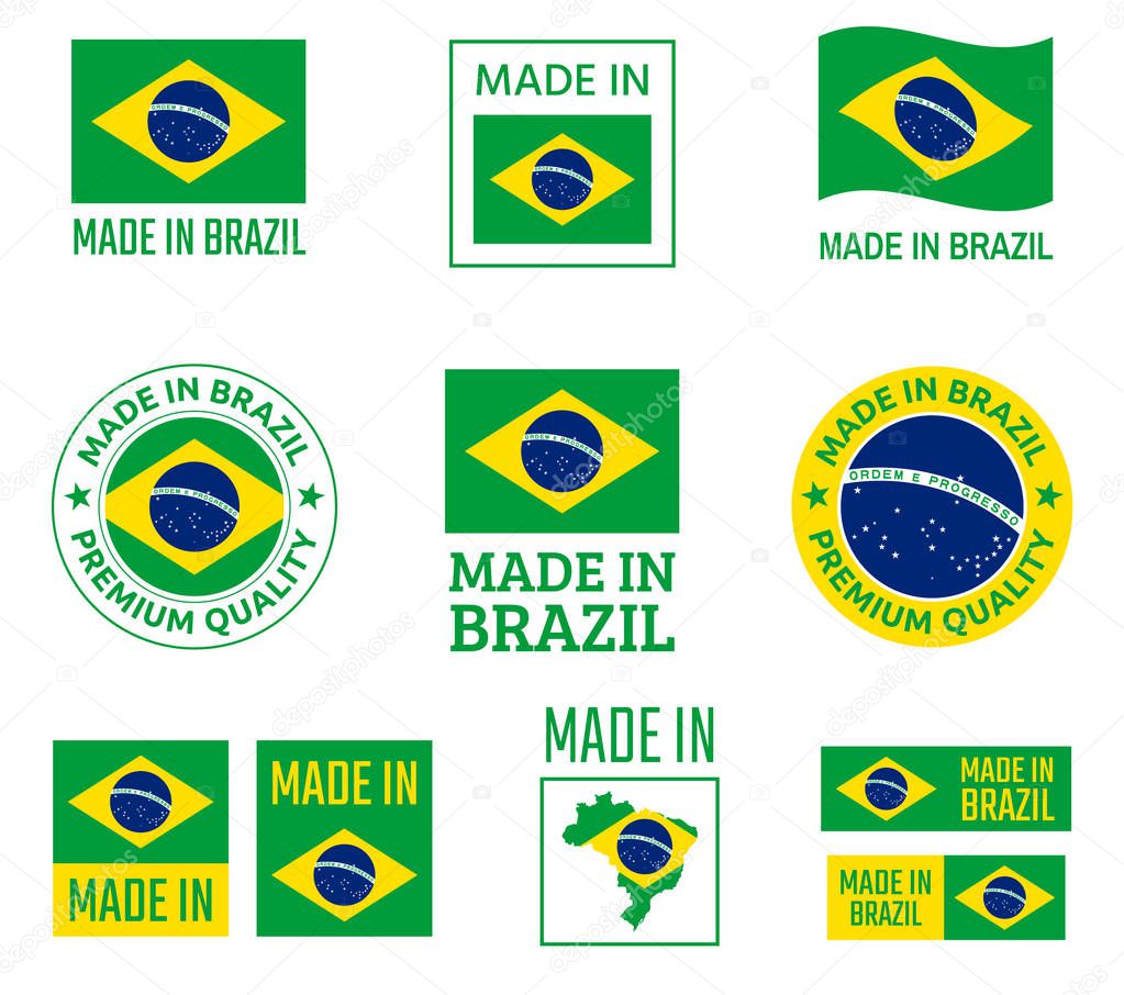 made in Brazil labels set, Federative Republic of Brazil product emblem