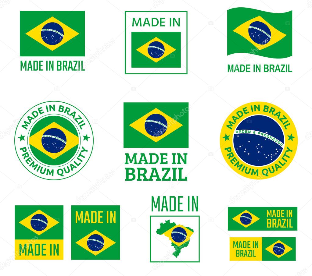 Made in Brazil icon set, product labels of Federative Republic of Brazil