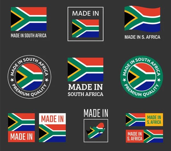 Hecho en Sudáfrica icono conjunto, etiquetas de productos de la República de Sudáfrica — Vector de stock