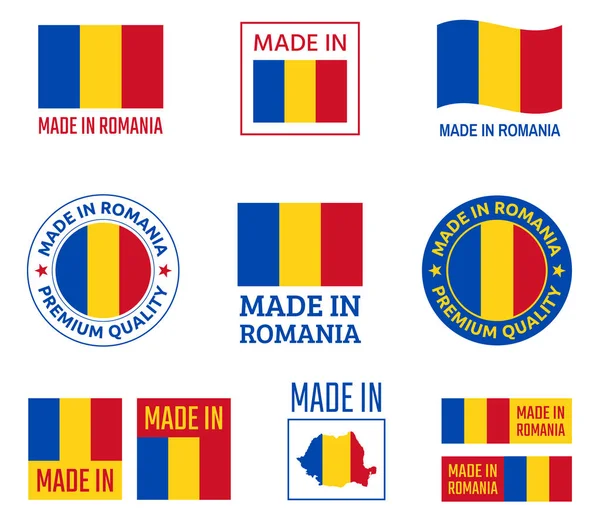 Set di etichette made in Romania, emblema di prodotto della Romania — Vettoriale Stock