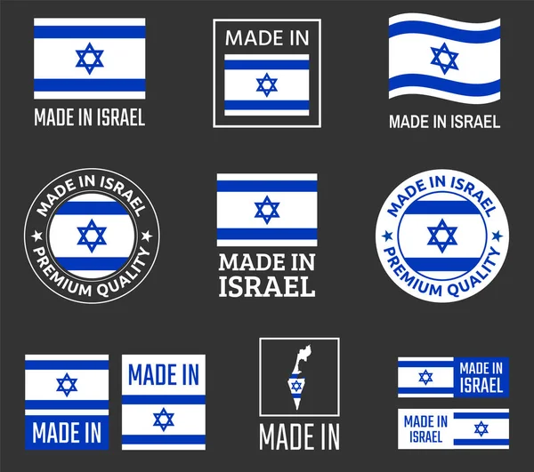 Hecho en Israel icono conjunto, hecho en Estado de Israel etiquetas de productos — Vector de stock