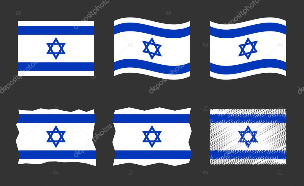 Israel flag vector illustration set, official colors of State of Israel flag
