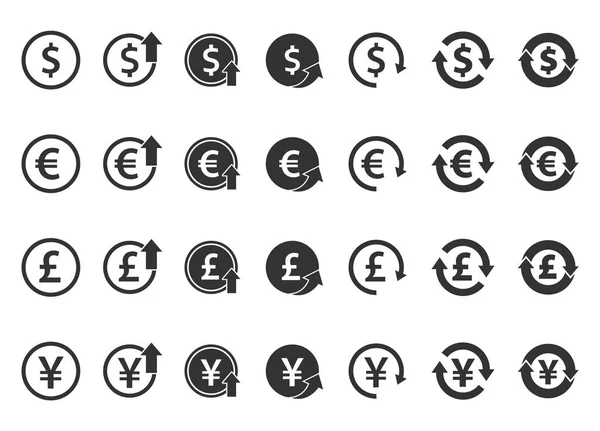 Měnové ikony nastavené na dolar, euro, libru a jenu, směnné signály měn — Stockový vektor
