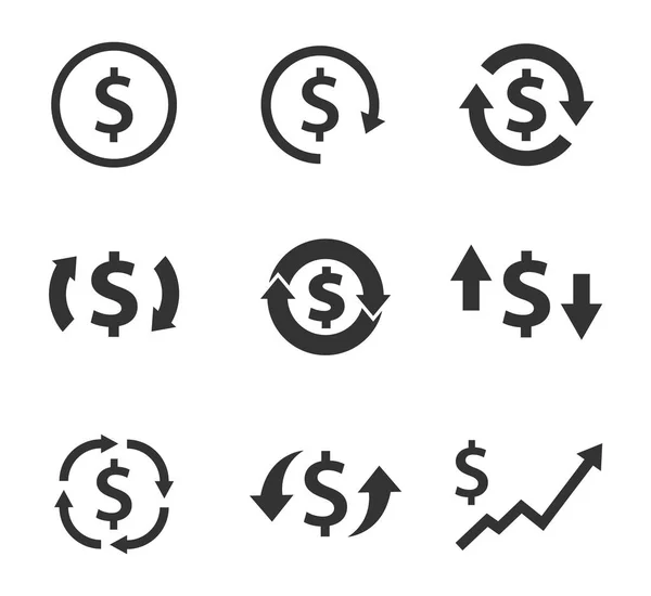 Dólar conjunto de iconos de cambio, convertir moneda, signos financieros — Vector de stock