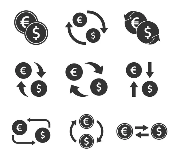 Ensemble d'icônes de change, signes de transfert en espèces dollar et euro — Image vectorielle