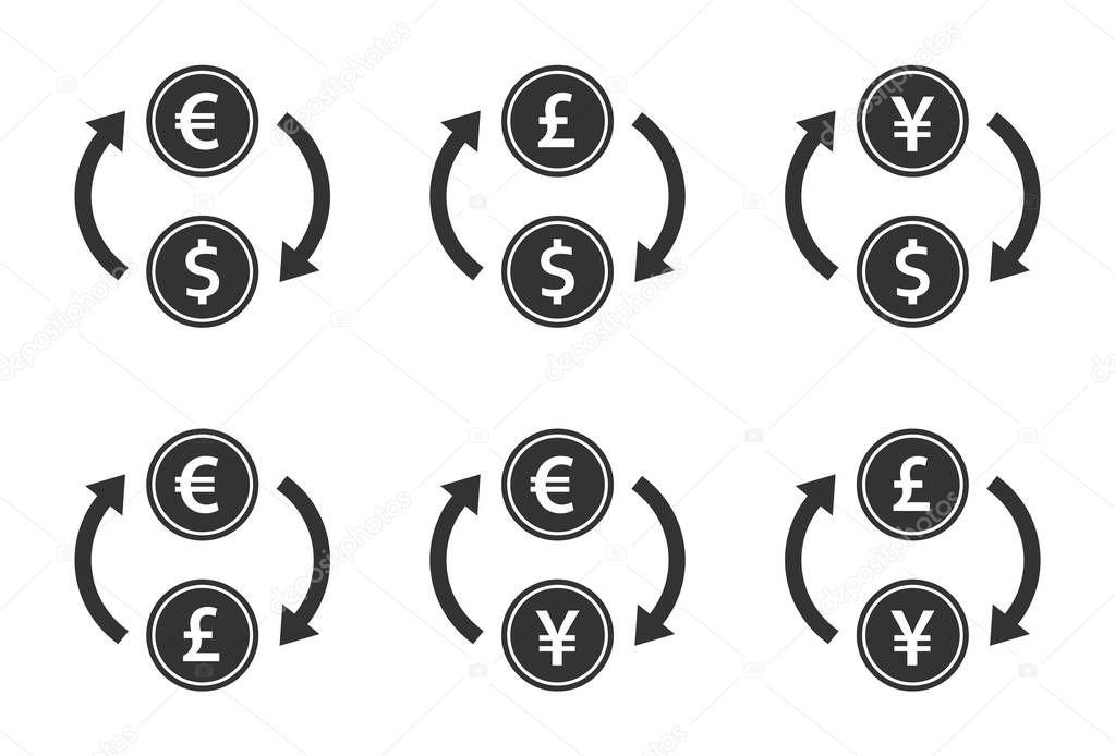 Exchange dollar, euro, yen and pound icon set, currency transfer signs