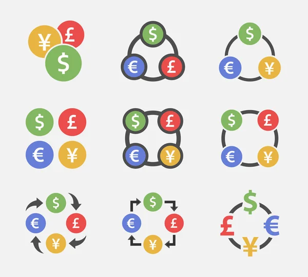 Dólar de cambio, euro, yen y conjunto de iconos de libras, signos de transferencia de divisas — Vector de stock