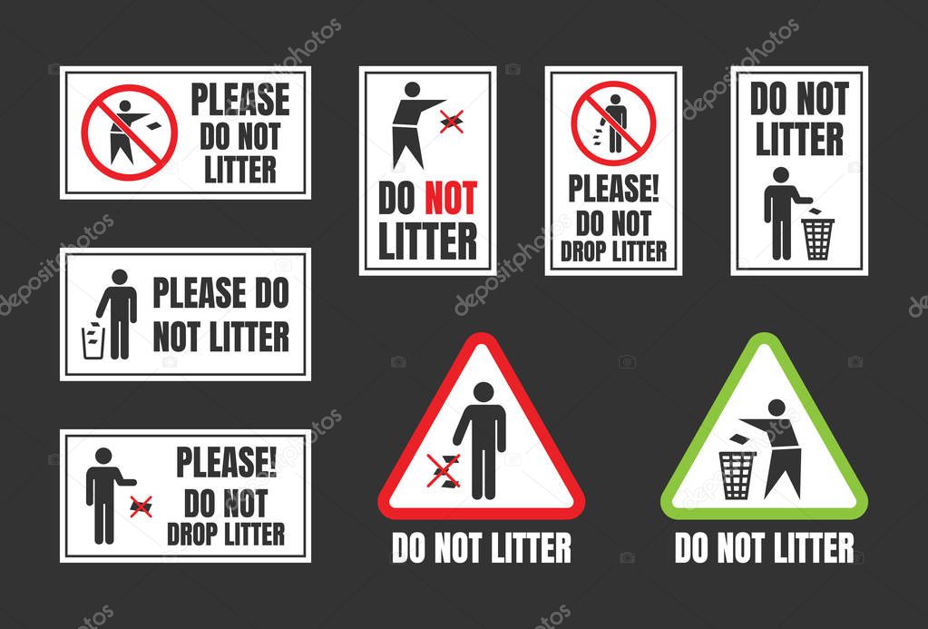 Do not litter signs set, keep clean icons