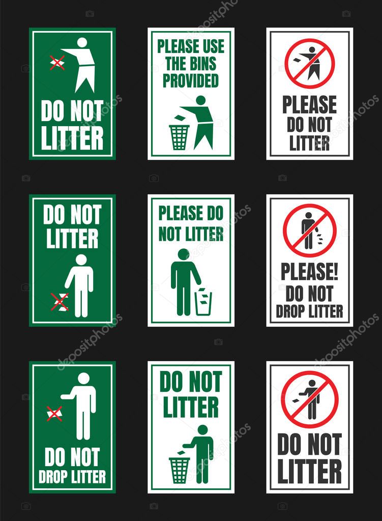 No littering vector igns, do not throw rubbish icons