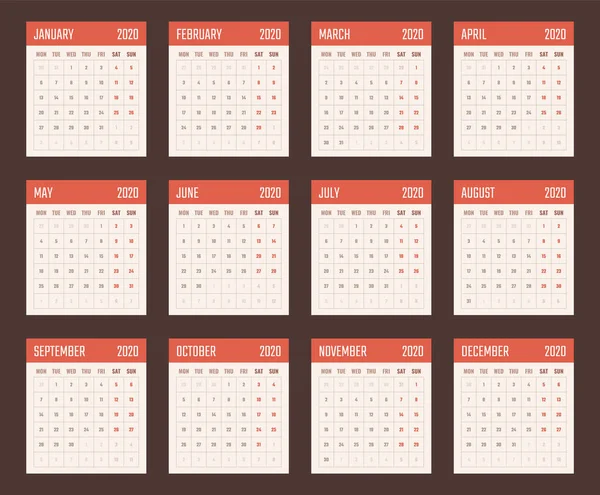 2020年日历从星期一开始，病媒日历设计2020年 — 图库矢量图片