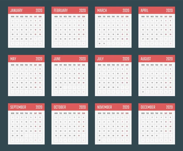 Kalender för 2020 börjar måndag, vektor kalender design 2020 år — Stock vektor