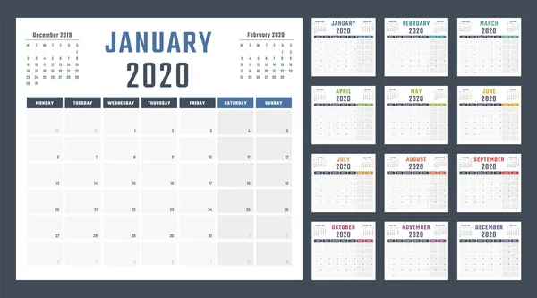 Calendario para 2020 comienza lunes, diseño del calendario vectorial 2020 año — Archivo Imágenes Vectoriales