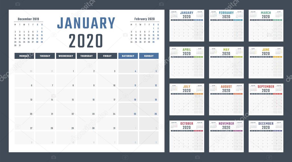 calendar for 2020 starts monday, vector calendar design 2020 year