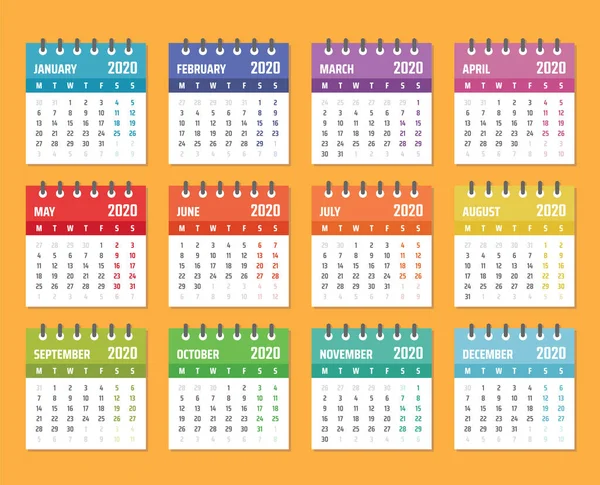 Ημερολόγιο για το 2020 αρχίζει Δευτέρα, έτος σχεδιασμού ημερολογίου φορέα 2020 — Διανυσματικό Αρχείο