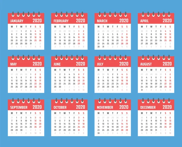 Calendario 2020 inizia lunedì, progettazione calendario vettoriale 2020 anno — Vettoriale Stock