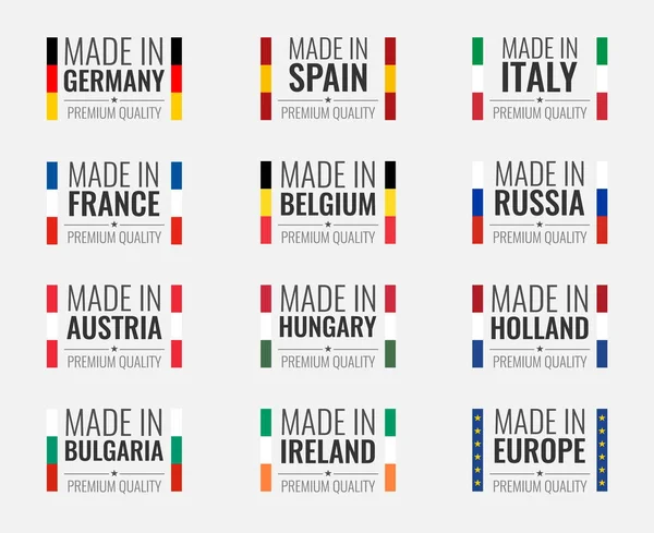 Vector logo set made in germany, france, italy, spain, belgium, russia, holland, austria, hungary, ireland, bulgaria and made in european union, eu countries flag label — Stock Vector