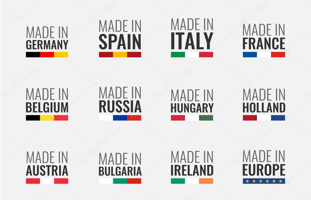 Set of vector labels made in spain, italy, germany, france, belgium, russia, holland, austria, hungary, ireland, bulgaria and made in europe, european union flag logo