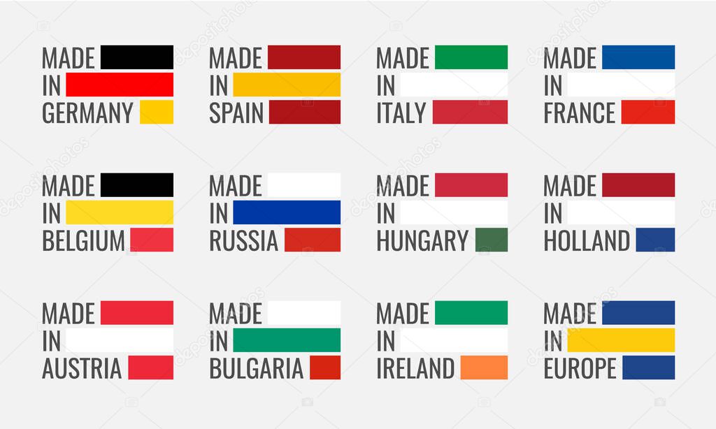 Set of vector labels made in spain, italy, germany, france, belgium, russia, holland, austria, hungary, ireland, bulgaria and made in europe, european union flag logo