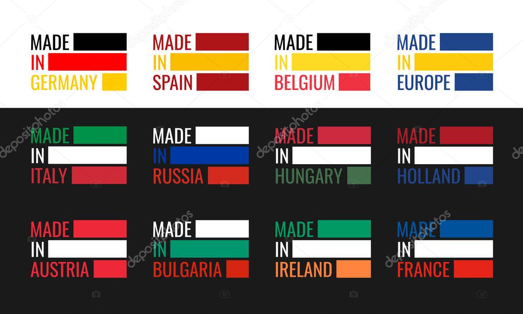 Vector logo set made in germany, france, italy, spain, belgium, russia, holland, austria, hungary, ireland, bulgaria and made in european union, eu countries flag label