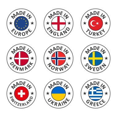 vektör simgesi seti İngiltere, Türkiye, Danimarka, Norveç, İsveç, İsviçre, Ukrayna, Yunanistan ve Avrupa yapımı