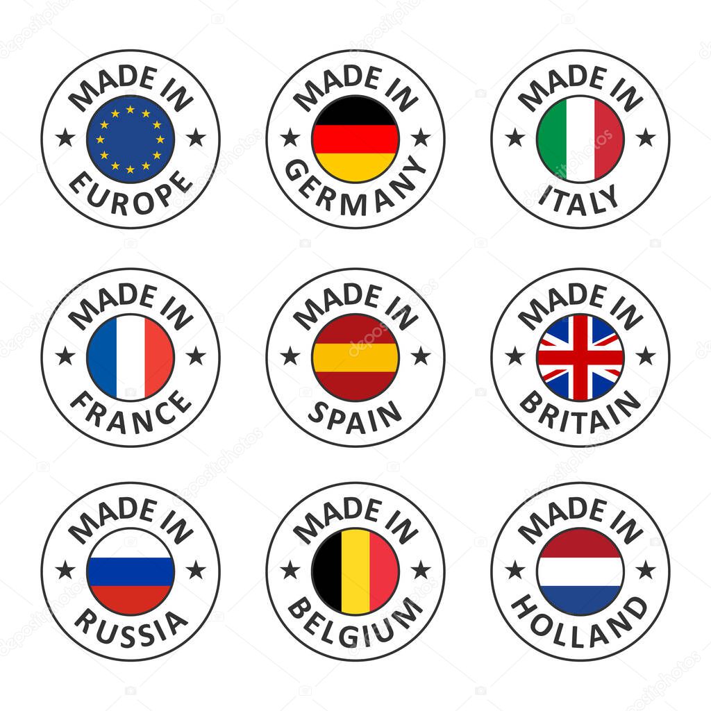 Set of vector labels made in spain, italy, germany, france, belgium, russia, holland, britain and made in europe, european union flag logo stamp