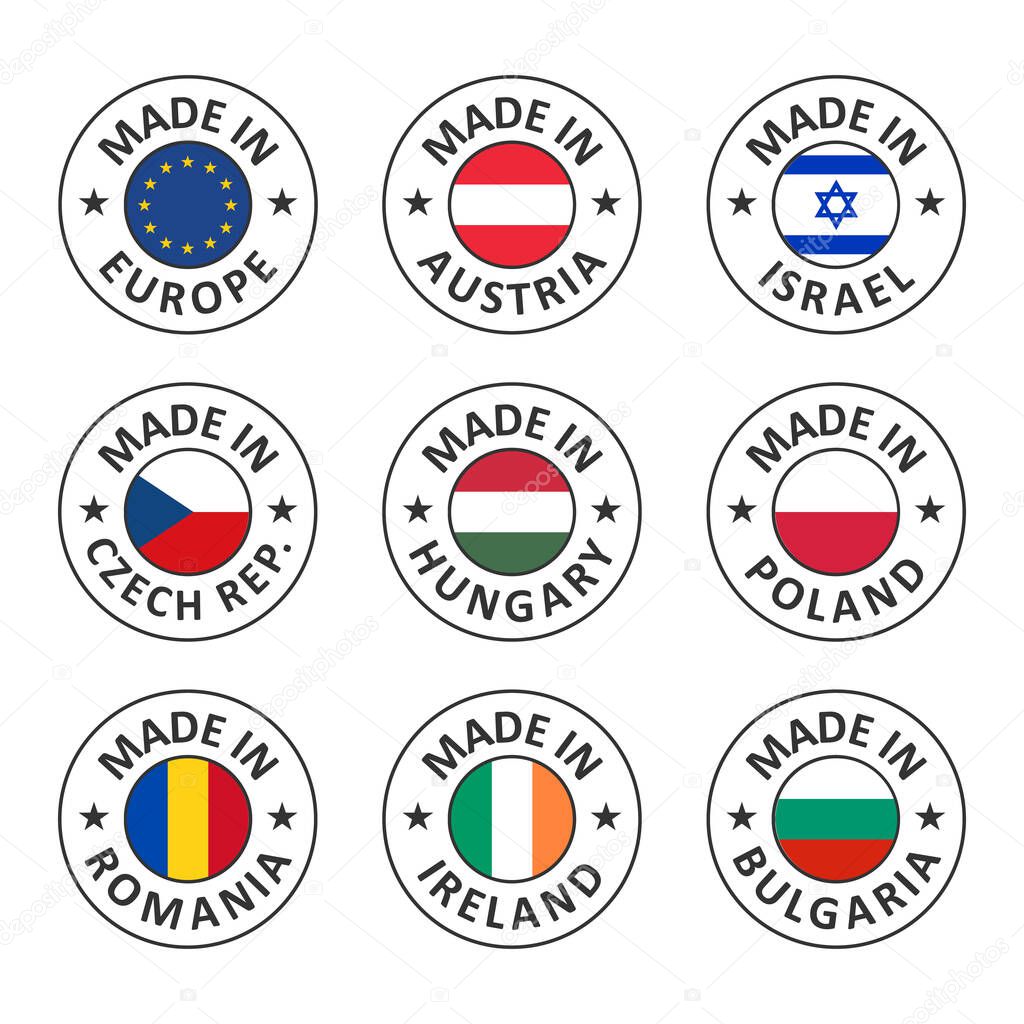 vector icon set made in austria, poland, israel, hungary, czech republic, romania, bulgaria, ireland and made in european union, eu countries flag label stamp