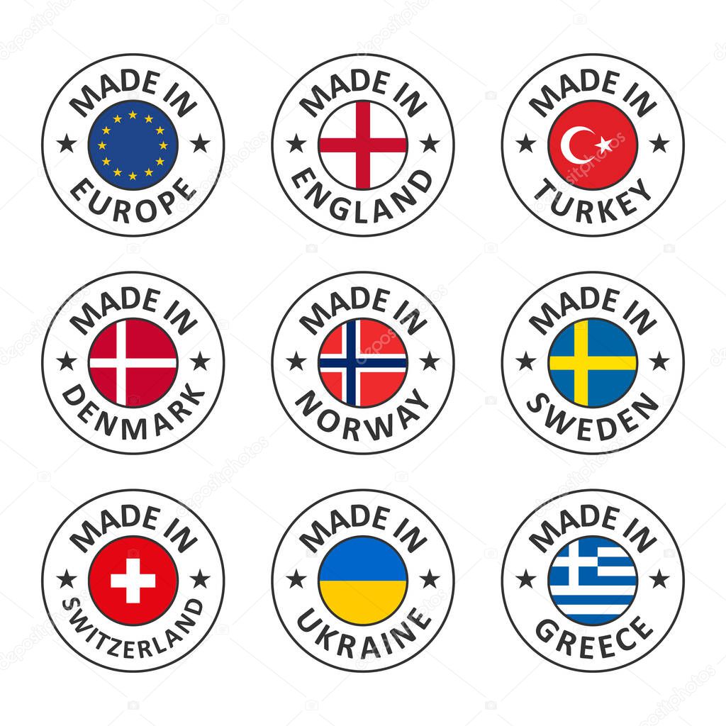Set of vector labels made in england, turkey, denmark, norway, sweden, switzerland, ukraine, greeceand made in europe, european union flag logo stamp