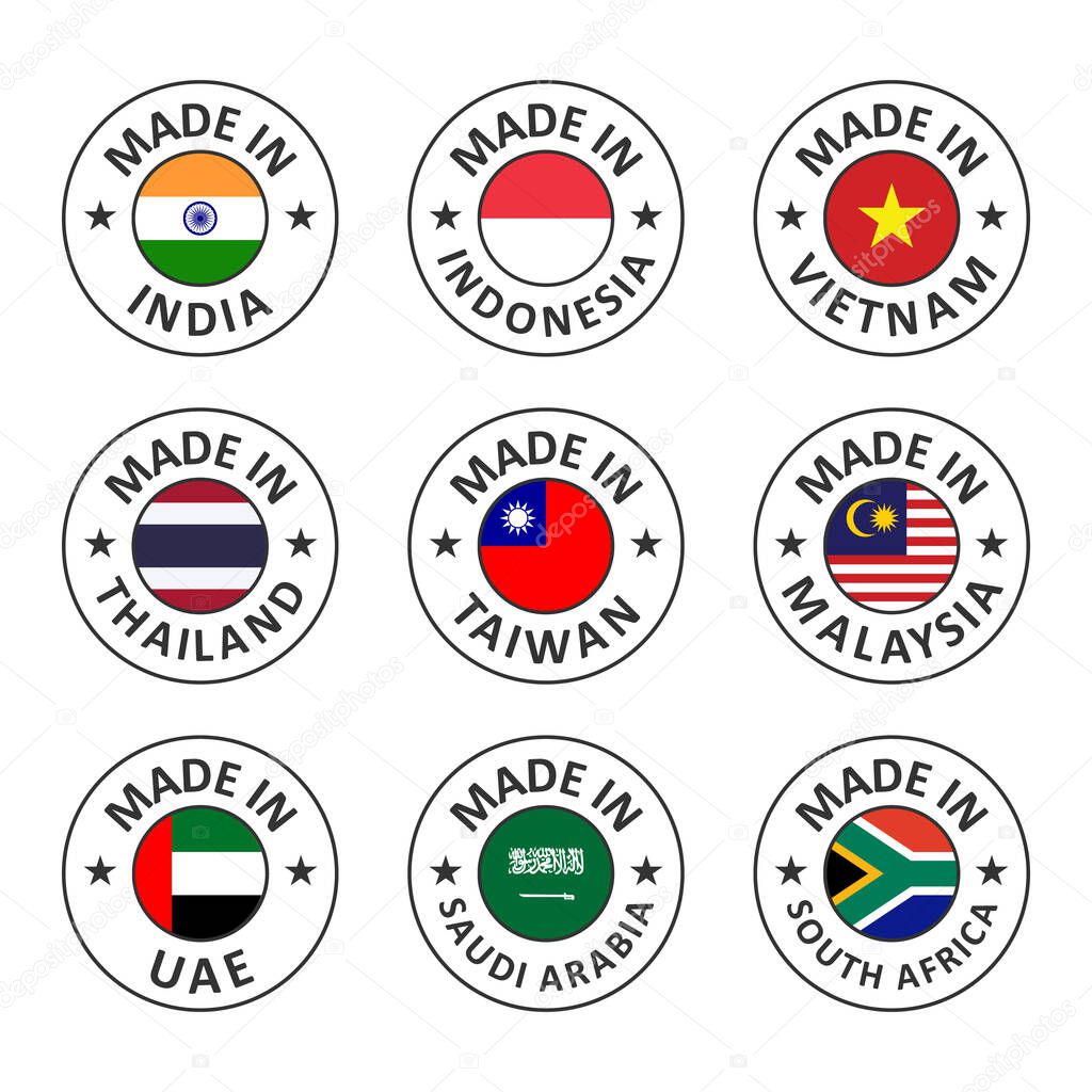 vector icon set made in india, indonesia, vietnam, thailand, taiwan, malaysia, uae, saudi arabia and south africa, world countries flag label stamp