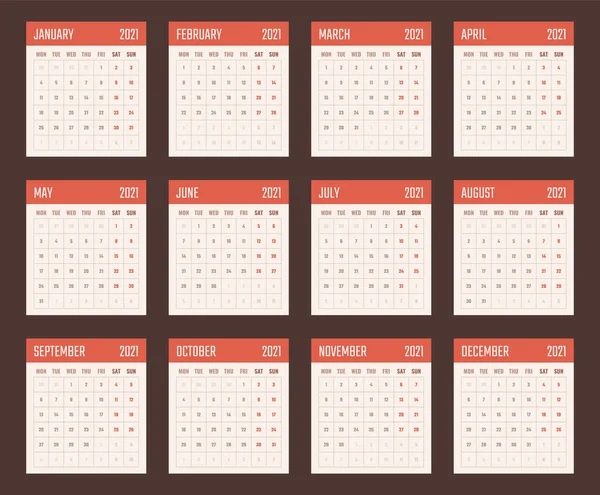 Kalender för 2021 börjar måndag, vektor kalender design 2021 år — Stock vektor