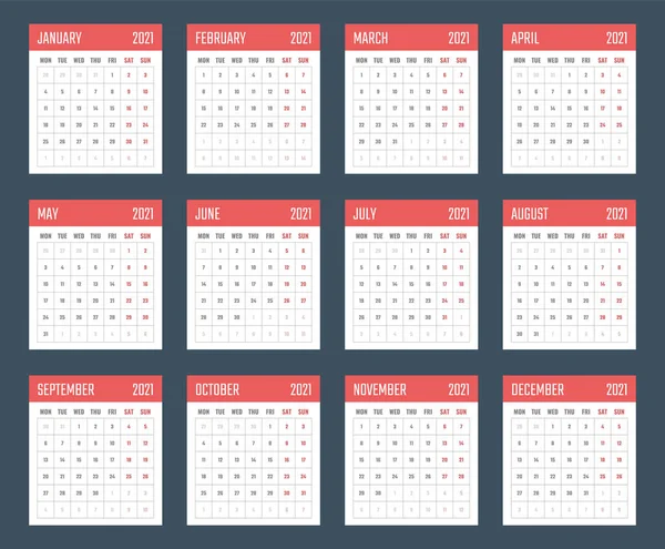 Ημερολόγιο για 2021 ξεκινά τη Δευτέρα, έτος σχεδιασμού ημερολογίου φορέα 2021 — Διανυσματικό Αρχείο