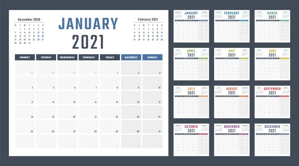 Calendario per 2021 inizia lunedì, progettazione calendario vettoriale 2021 anno — Vettoriale Stock