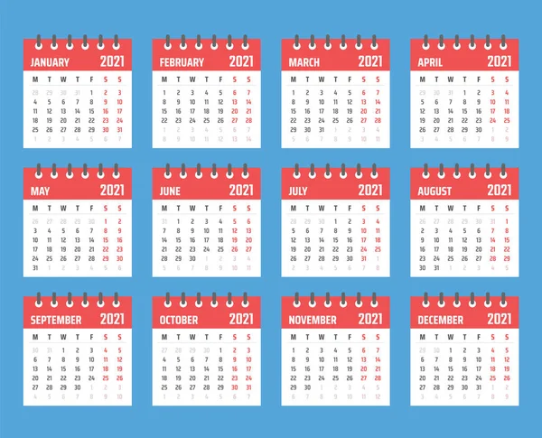 Calendrier pour 2021 commence lundi, conception du calendrier vectoriel 2021 année — Image vectorielle