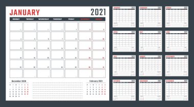 2021 için takvim pazartesi başlıyor, vektör takvimi tasarımı 2021 yıl